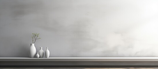 Wall Mural - A black and white image featuring three vases placed neatly on a gray shelf against a blurred wall with windows in the background.