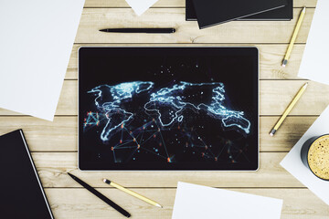 Wall Mural - modern digital tablet display with abstract creative world map, research and analytics concept. top 