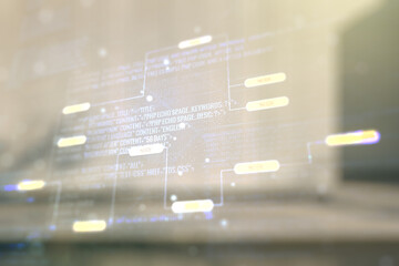 Wall Mural - multi exposure of abstract graphic coding sketch on blurry contemporary office building background, 