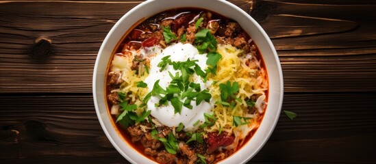 Poster - A comforting dish of chili made with meat, leaf vegetables, and spices, topped with sour cream and cheese, served in a cassolette on a wooden table