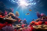 Fototapeta Do akwarium - A surreal underwater landscape teeming with vibrant coral reefs, exotic fish, and swaying sea plants.
