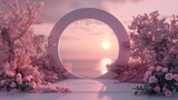 Fototapeta Panele - serene nature fantasy with pink floral trees and roses around circular stage overlooking ocean sunset panorama, mother day, valentine day, wedding, cosmetic, greetings