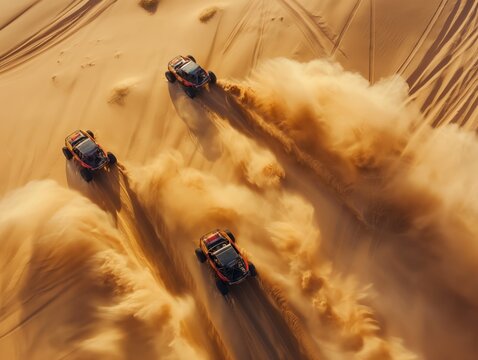 Aerial view of four off-road vehicles racing in the desert, kicking up clouds of sand under the golden sunlight.