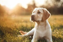 Adorable Golden Retriever Puppy Playing Happily On Green Grass Field - Golden Retriever, Puppy, Grass, Playful, Joyful, Cute, Happy, Pet, Outdoor