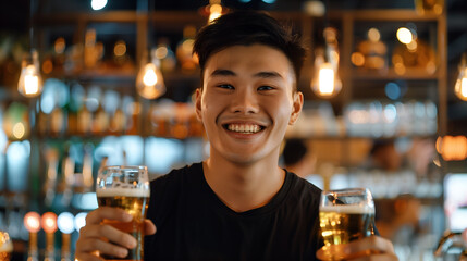 Portrait of a happy smiling Asian young man standing in a bar while holding two glasses of beer in his hands
