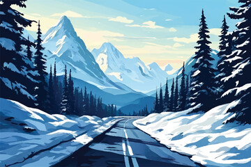 Wall Mural - Road across a picturesque scene of snow-capped mountains with illustration background. Winter. Road to snow-capped mountains. On either sides of the road are mountains blanketed in snow. clouds.