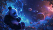 A panda in a celestial garden with floating planets, cigar smoke forming constellations, and the wall painted in intergalactic hues.