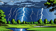 天候の悪いゴルフ場のイラスト、遠景、雷、雨、悪天候