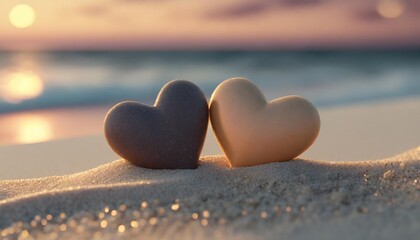 Wall Mural - two hearts in sand on the beach at sunset valentine day love background