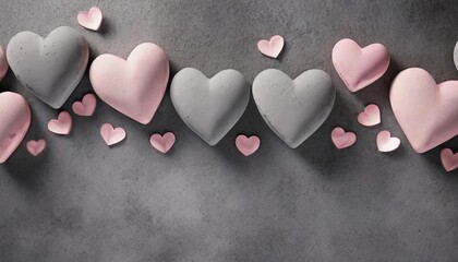 Wall Mural - border with gray and pink hearts on a concrete background top view flat lay valentine s day banner