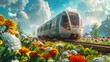 Electric train crossing a field with flowers on spring day, painted style.