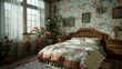Quaint vintage bedroom bathed in natural light, featuring floral wallpaper, antique furniture, and fresh flowers.