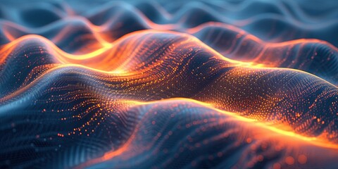 Wall Mural - Close up of amber sound waves on black background. The modern concept of big data visualization. Generative AI