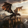 Fantasy dragon flying over a medieval castle.