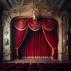 Sticker - Old-fashioned theater stage with red curtains.