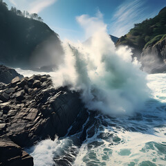 Canvas Print - Waves crashing on rugged coastal rocks.