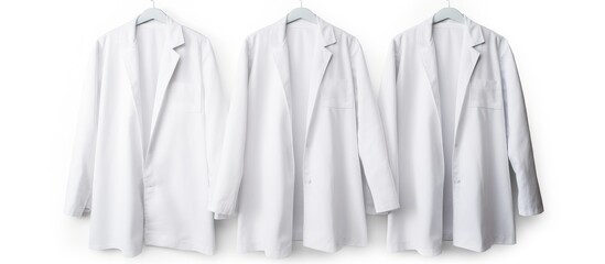 Canvas Print - Three white coats, with transparent material sleeves, hang on a hanger against a white background. A fashion accessory displayed in monochrome photography