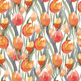 Fototapeta Tulipany - background pattern seamless ornament with bukets red and yellow tulips, watercolor on paper,