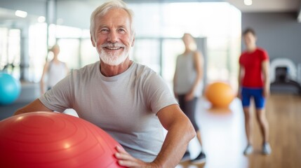 old aged senior man doing sports in a gymnastics studio