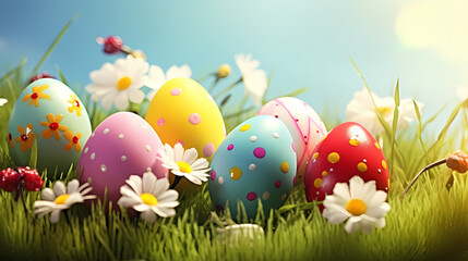  Easter themed banner with pastel colored eggs among spring plants