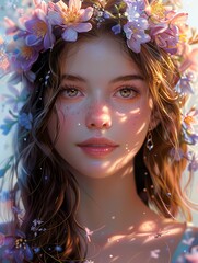 Wall Mural - Beautiful portrait of beautiful girl with flowers with iridescent opalescent colours style