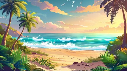 Wall Mural - The beach on a summer island in the sea is adorned with exotic palm trees, lianas, and green grass, ocean waves washing the shore, and birds flying in the sunset sky.