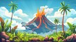 A prehistoric Jurassic landscape with a volcanic eruption. Modern illustration scenery with active volcano mountain with gasoline smoke cloud, rocks, grass, palm trees, and palm trees.