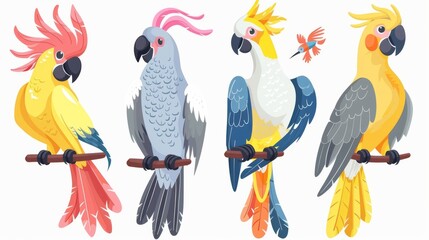 Wall Mural - bird set isolated on a white background. cartoon illustration of a cockatoo parrot, comic feathered 