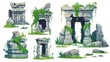 A set of cartoon modern illustration elements showing the ancient ruin of a lost civilization. A set of stone temples surrounded by jungle grass and liana vines. Demolished endangered monuments and