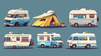 Wall Mural - Travel concept of family campervan with tent for summer vacation. Cartoon modern illustration of vintage recreational trailer vehicle and motorhome.