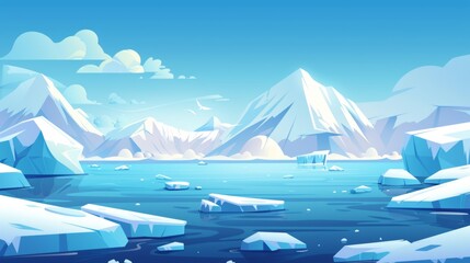 Wall Mural - Cartoon modern illustration of blue polar scenery with glaciers, snow mountains, and floating ice blocks. The horizon is cold with floating icebergs.