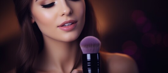 Poster - A woman is holding a purple makeup brush in her hand, ready to apply makeup to her nose, cheek, lip, eyebrow, eyelash, and mouth. Her smile and ear add a touch of beauty to her human body