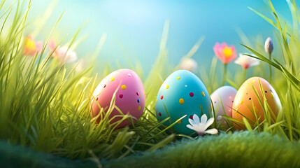  Easter eggs on green grass on a sunny day