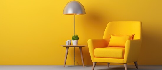 Wall Mural - A yellow armchair is placed in front of a matching yellow wall, creating a cohesive and vibrant interior setting. The chair stands out against the bold background, adding a pop of color to the room.