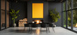 Sleek Modern Dining Room with Bold Yellow Art Piece and Fireplace. Industrial Chic Dining Space with Statement