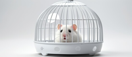 Poster - A white Muroidea with whiskers and a snout is inside a White bird cage, a Pet supply used for rodents like Hamsters. The Mouse seems comfortable in its new Cage with enough Food