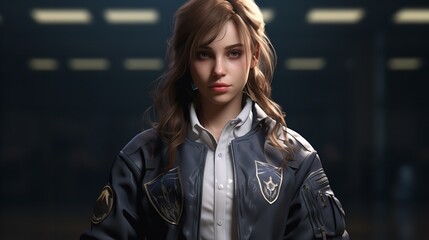 Wall Mural - Stylish girl in uniform jacket 8k 4k photoreal

