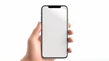 Fototapeta Kosmos - Mobile phone mockup with blank white screen in human hand, 3d render illustration put on a sweater, hold a smartphone Mobile digital device in arm isolated on white
