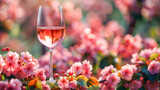 Fototapeta  - Glass of wine against the backdrop of a blooming garden in spring. Free space for text