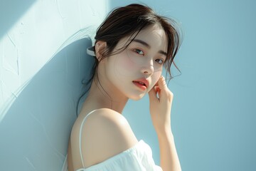 Young Asian beauty woman with korean makeup style, perfect clean skin on isolated blue background. Facial treatment, Cosmetology, plastic surgery.