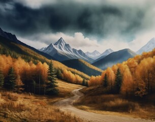 2d illustration of mountains and forest as a background with clouds in watercolor