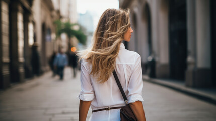 Outdoor summer city evening hipster portrait of young blonde happy smiling woman having fun outdoor in the city in Europe in evening with camera travel,look away from camera,ready for travel