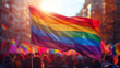 LGBTQ+ rainbow flag, Crowd celebrating pride day. Homosexual community, Pride Month, LGBTQ support and solidarity