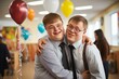 Two boys with Down syndrome hug birthday friends with trisomy 21 Inclusion concept