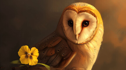 Sticker - a painting of an owl sitting on a branch with a flower in the foreground and a blurry background.