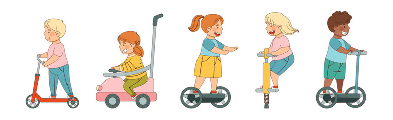 Wall Mural - Children Ride Different Transport Enjoy Driving Vehicle Vector Set