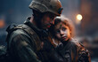 A soldier is holding a child in his arms