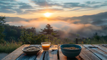 A Hearty Oatmeal Bowl On A Rustic Wooden Table, With A Mountain Sunrise As The Background