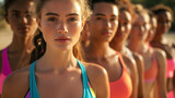 Fototapeta  - Group Of women in sports tops and sportswear shorts aligned ready to do some sport activity