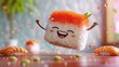 Playful Sushi Buddy Wide Grin - Cartoony Sushi Character in Rosy Pink Gradient Scenario, Childrens Book Illustration Style